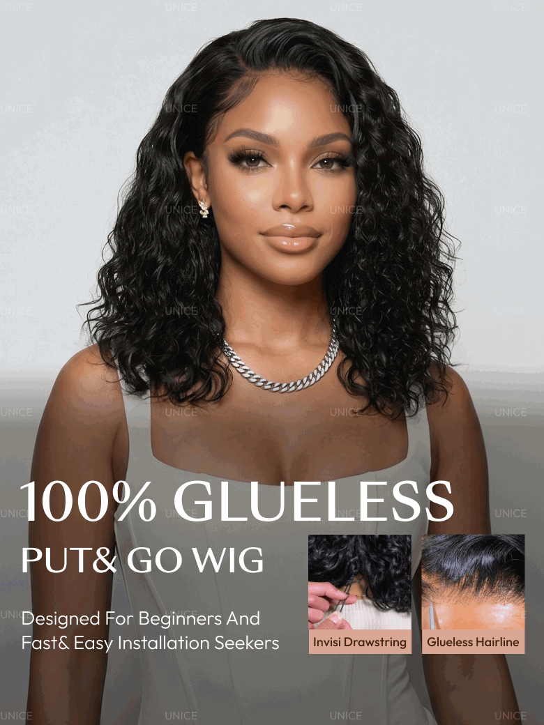 A model displays the UNice Bye Bye Slip 6X4 Glueless Lace "C" Side Part Loose Wavy Bob Drawstring Wig For, showing 100 % brazilian hair wigs and 6X4, glueless wear, lace.