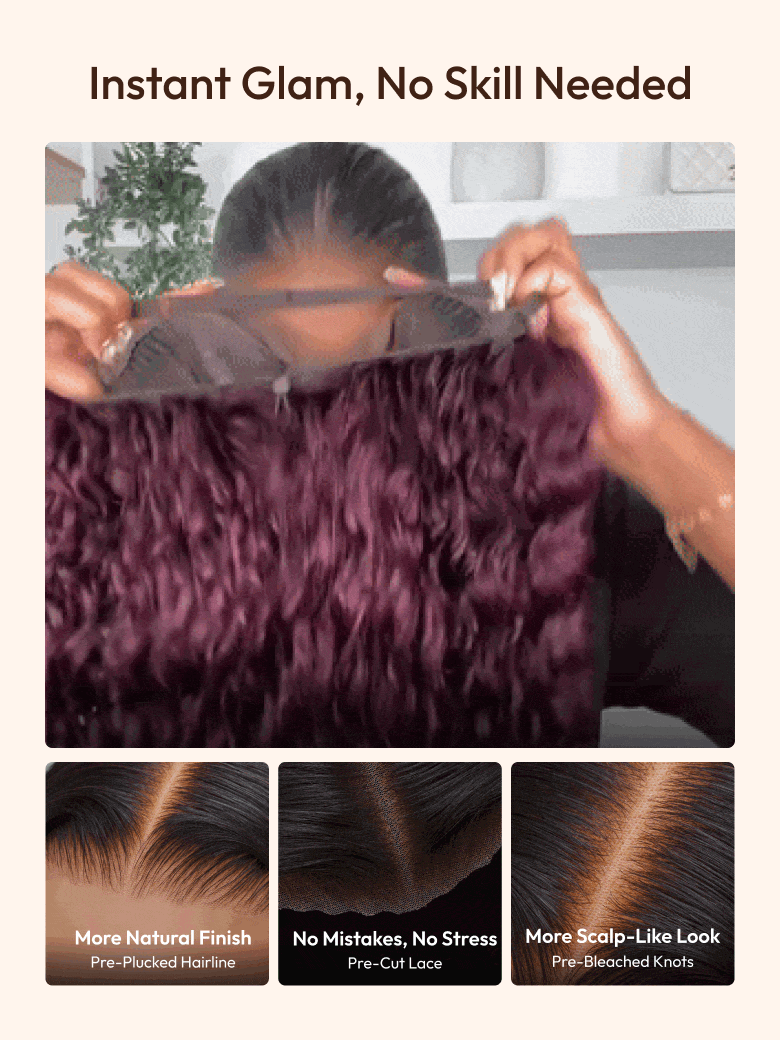UNice 13x4 Bye-Bye Slip™ Lace Frontal Black Cherry Water Wave Glueless Drawstring Wig 100% Human Hair 150% Density