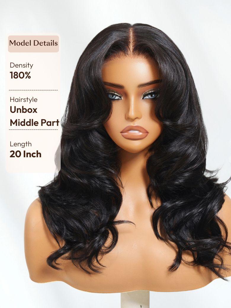 A model displays the UNice 180% Density 7x5 Bye Bye Knots Cut Body Curls Lace Wig with Feathered Layers, showing a model with long black hair and a full wig and 7x5.