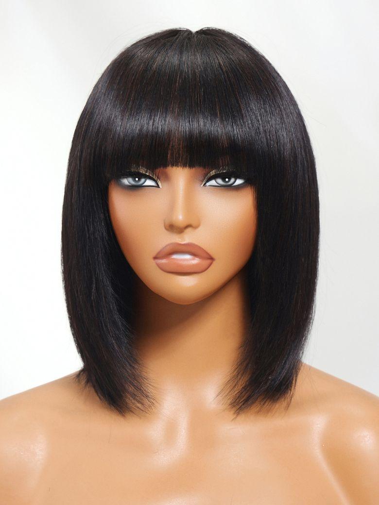 The UNice Straight Bob Black Wig Human Hair Glueless Wig with Blunt Bangs 150% Density product image shows a black wig with bangs on top and straight texture, glueless.