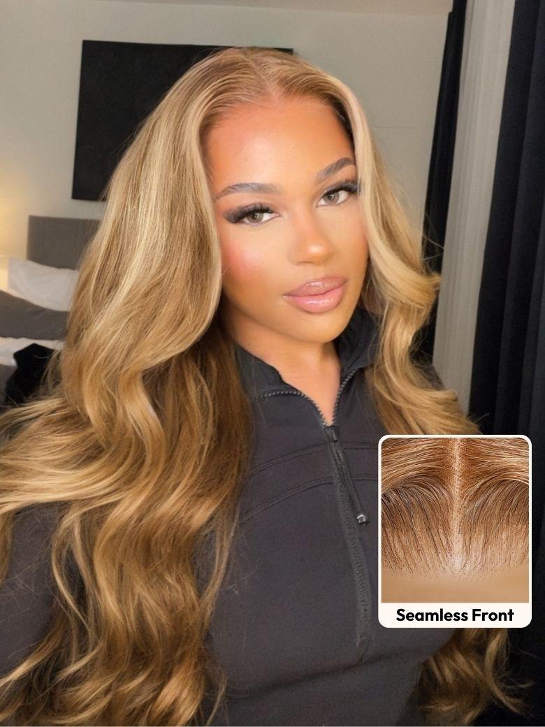A model displays the UNice Bye Bye Knots Wig With Drawstring Pre-Cut 7x5 Glueless Lace & 13x4, showing a model with long blonde hair and a black shirt and body wave.
