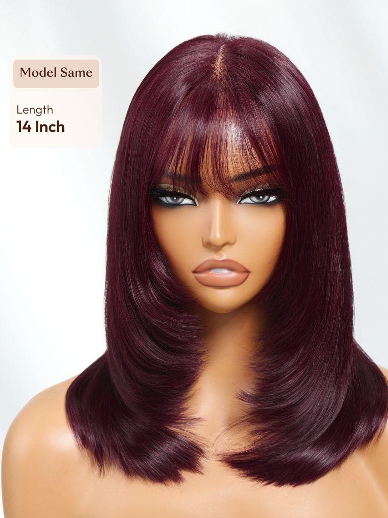 A model displays the UNice Human Hair Black Cherry Bye Bye Knots 7x5 Lace Glueless Bob Drawstring Layer wig, showing a model with long dark red hair and a dark brown wig.