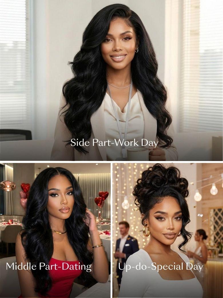 A model displays the UNice 13x4 Pre-Everything Wig With Face-Framing Layers And Side-Swept Bangs With, showing a model with long black hair and a red dress and 13x4.