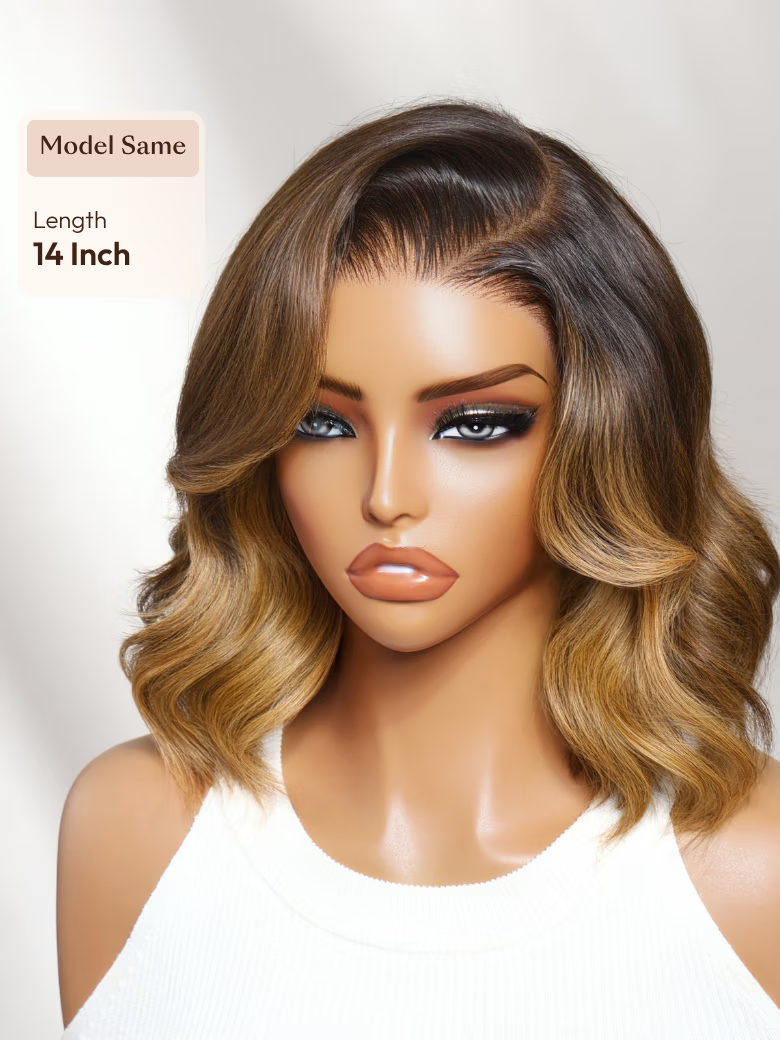The UNice 13x4 Pre-Everything Brown With Honey Blonde Face-Framing Highlights Wavy Lace wig visual image position 5 shows a model with long wavy hair and brown eyes |.