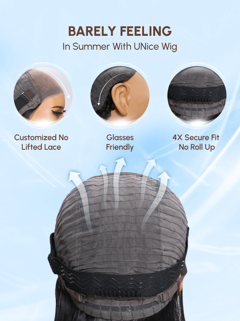The UNice 7x5 ByeBye Knots Wig Glueless Lace Honey Blonde 3D Body Wave Wig With Bleached image highlights BARELYFEELING, In Summer With UNice Wig, Customized No.