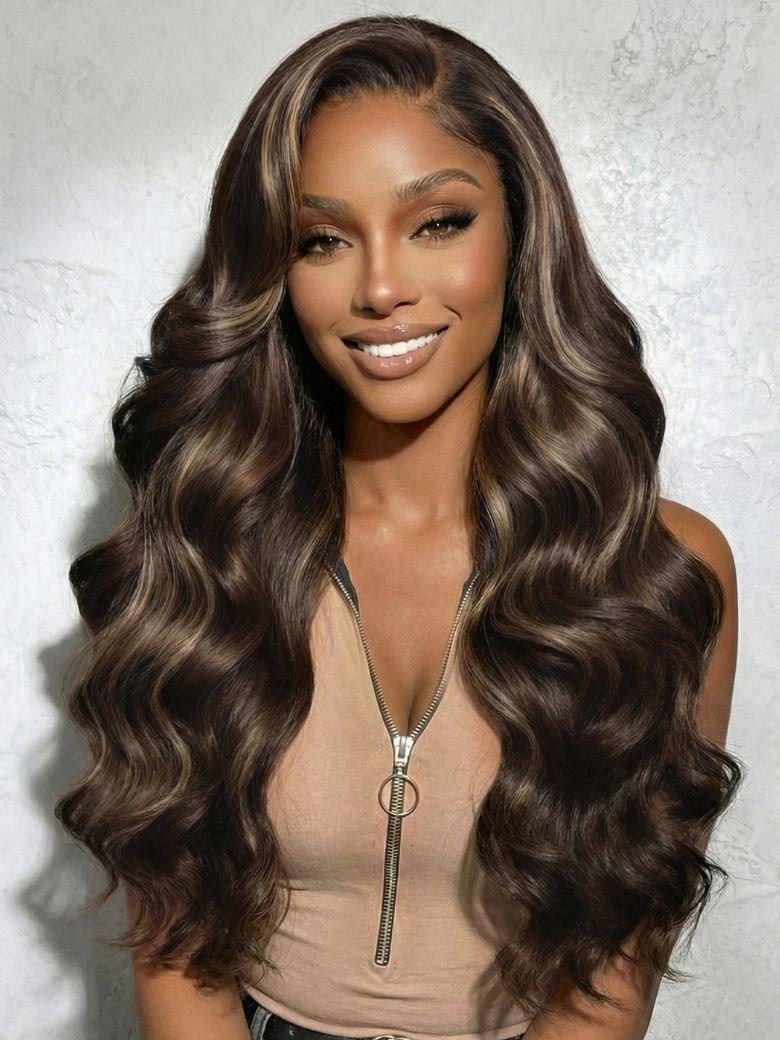 A model displays the UNice 7x5 Bye Bye Slip Lace Frontal Dark Chocolate Brown with Caramel Highlights, showing a model with long brown hair and a brown top and body wave.