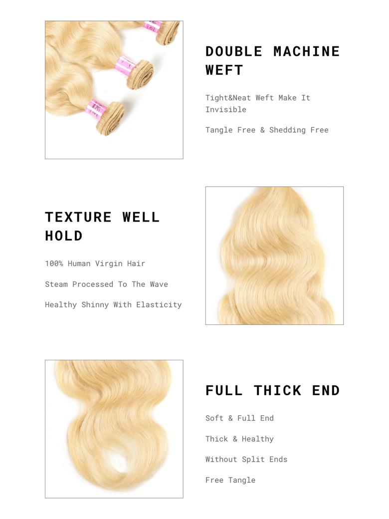 The UNice Hair 613 Blonde Virgin Human Hair Wave 4 Bundles Body Wave Hair Weft image highlights DOUBLEMACHINE, WEFT, Tight&Neat Weft Make It, Invisible, the different.