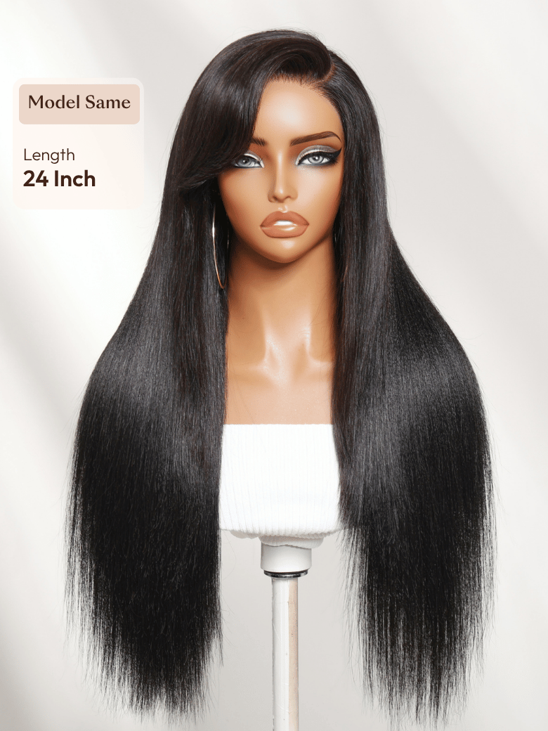 The UNice Bye Bye Slip 7x5 Lace Glueless Yaki Straight Drawstring Wig with Soft image highlights Model Same, Length, 24Inch, a wig with long hair on a mann and straight.