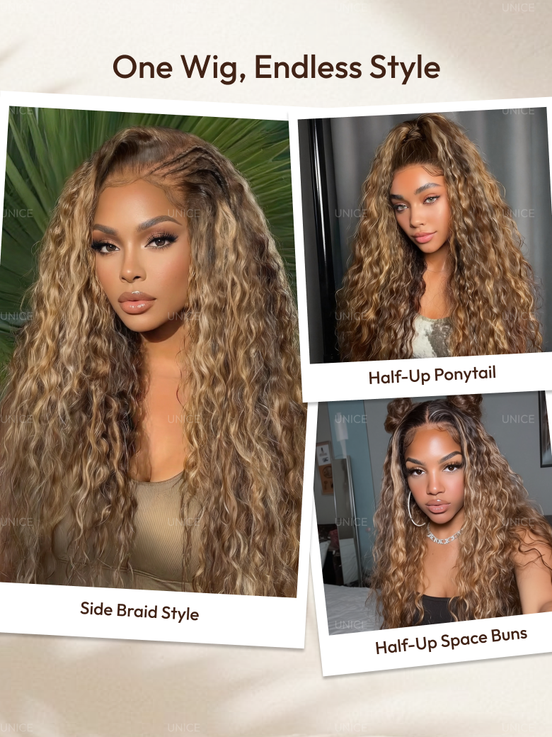 A model displays the UNice 13x4 Bye Bye Slip Lace Frontal Caramel Brown With Honey Blonde Highlights, showing one wig style for long hair and water wave texture, honey.