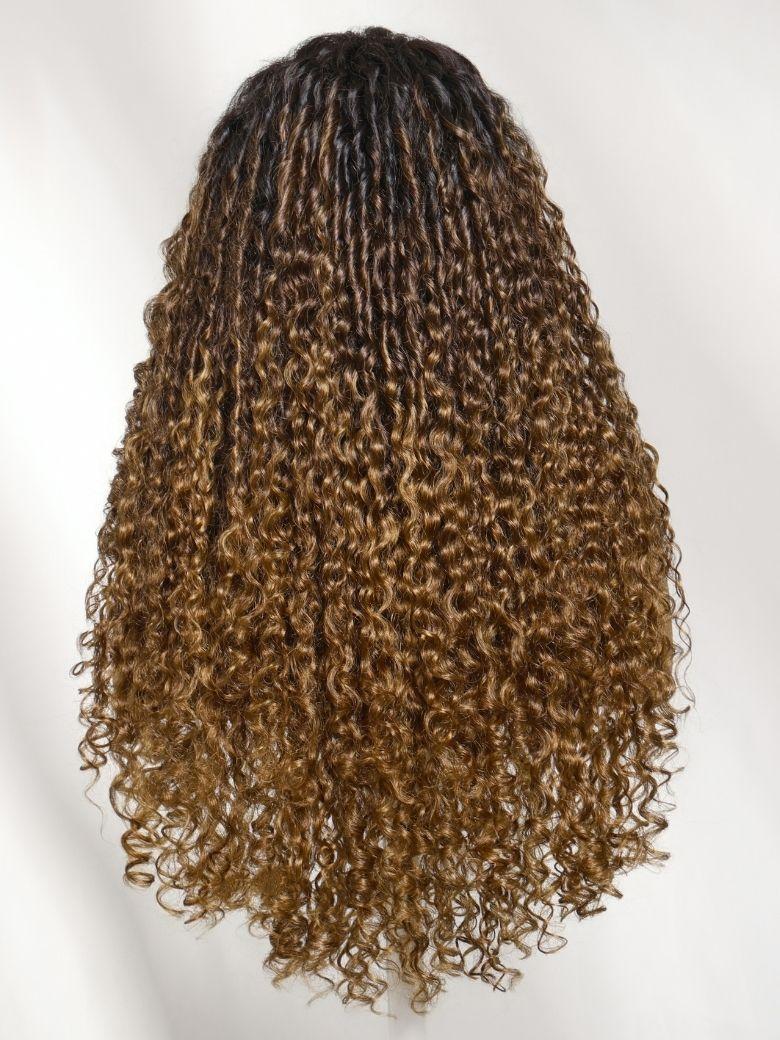 A model displays the UNice Bye Bye Slip 7x5 Lace Glueless Sun-Kissed Honey Brown Ombre Tight Spiral wig, showing a model with long curly hair and ombre, 7x5, glueless.
