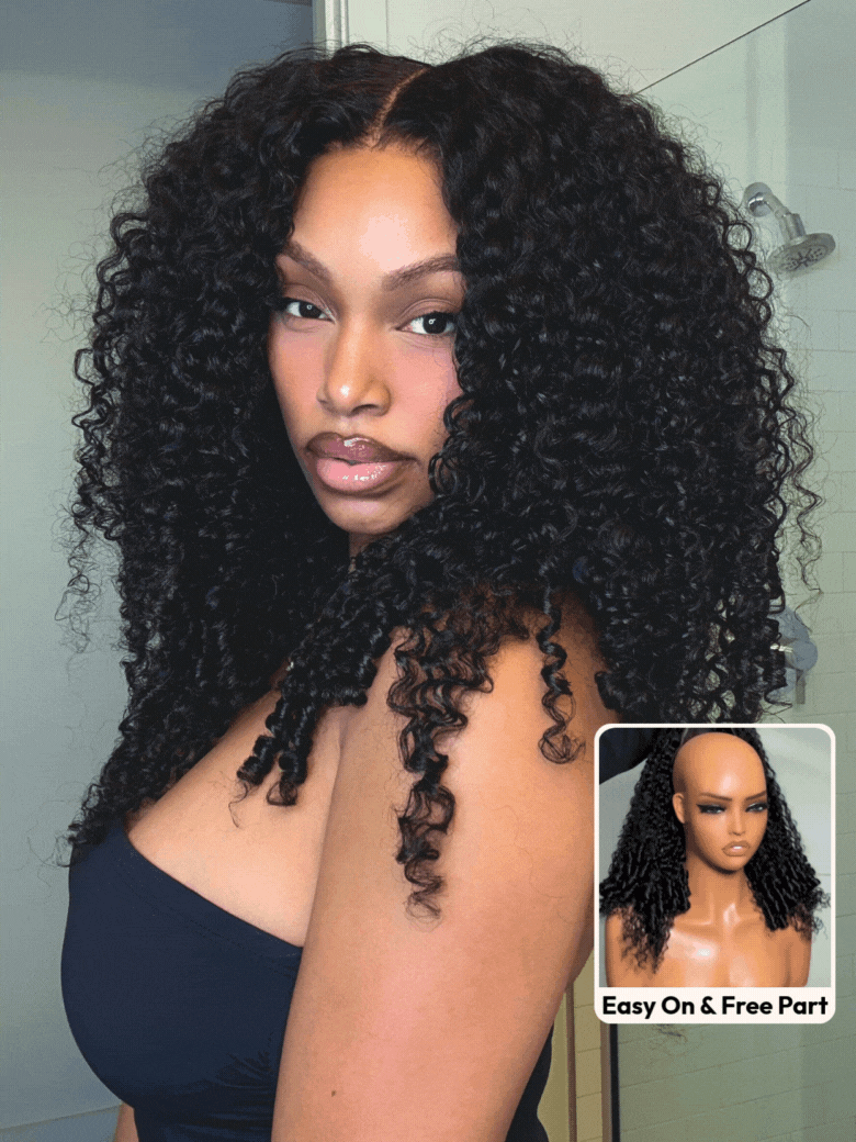 A model displays the UNice Bye Bye Knots 7x5 Lace Curly Texture Premium Hair Drawstring Wig With Finger, showing a model with long curly hair in a bathroom and curly.