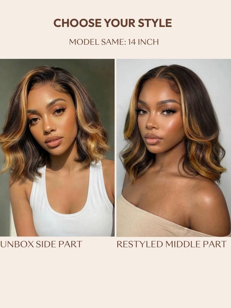A model displays the UNice 7x5 & 13x4 Pre-Everything Lace Frontal Brown With Honey Blonde Face-Framing, showing a model with blonde hair and a white top and honey.