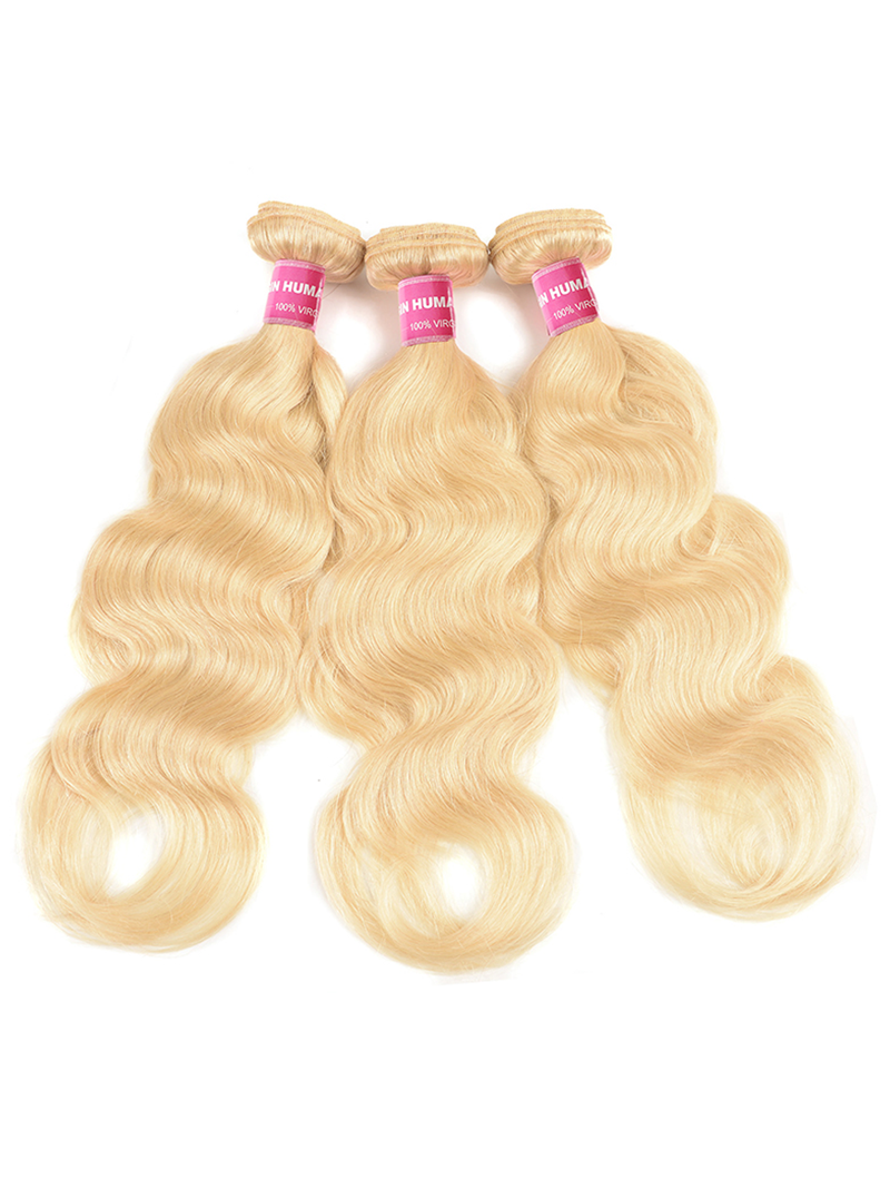 The UNice 3Pcs 613 Blonde Human Hair Weft Body Wave Bundles image highlights NHUMA, HUM, 100%VR, 100% VRO, blonde blonde blonde body wave hair extensions and body wave.