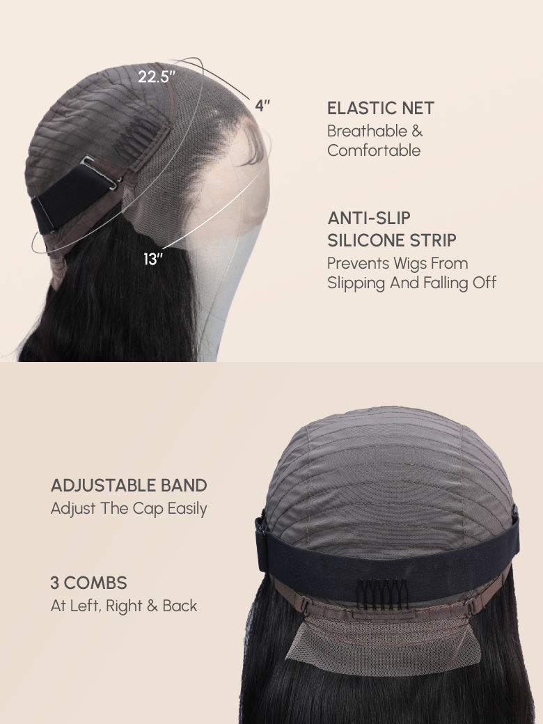 The UNice 40 Inch 200% Density Undetectable HD Lace Front Body Wave Human Hair Wig Pre image highlights ELASTICNET, Breathable&, Comfortable, ANTI-SLIP, a diagram.