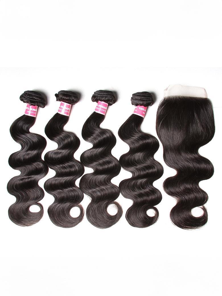 The UNice 4Pcs Brazilian Hair Body Wave Bundles With Transparent Lace Closure product image shows brazilian body wave hair bundles and body wave texture, lace finish.