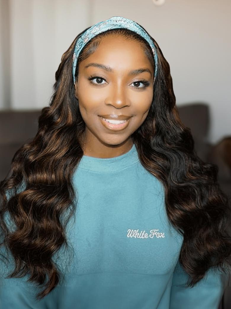 A model displays the UNice Balayage Highlight Ombre Color Body Wave Headband Wig 150% Density, showing a model with long hair wearing a headband and body wave texture.