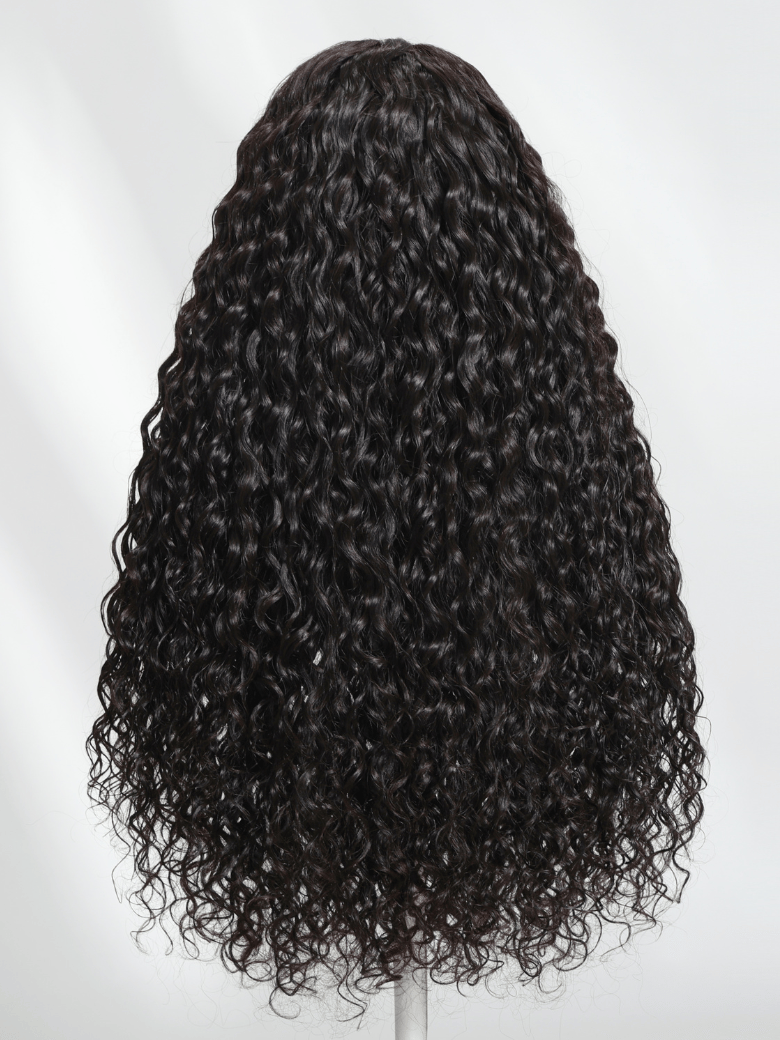 The UNice 7x5 Bye Bye Knots Wig Quick Glueless & HD Lace Wet & Wavy Water Wave Invisible product image shows a wig with curly hair on a white background and water wave.