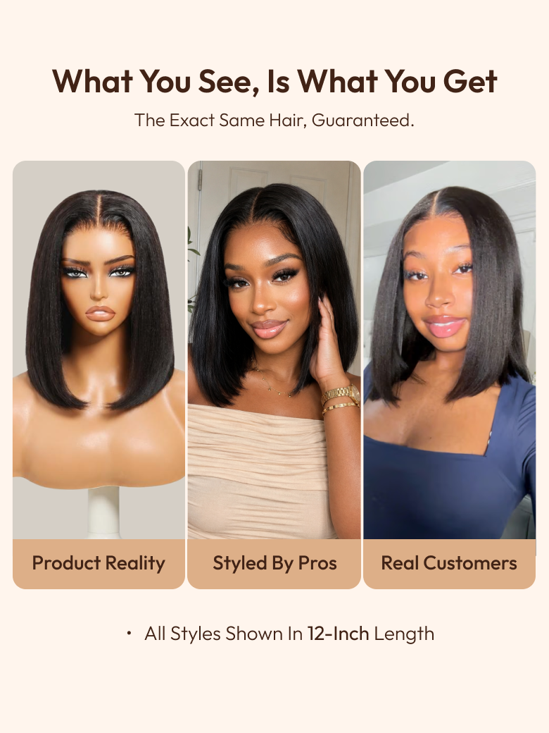 12-inch yaki straight black bob wig with a middle part, showcasing a natural normal look with styled baby hairs.