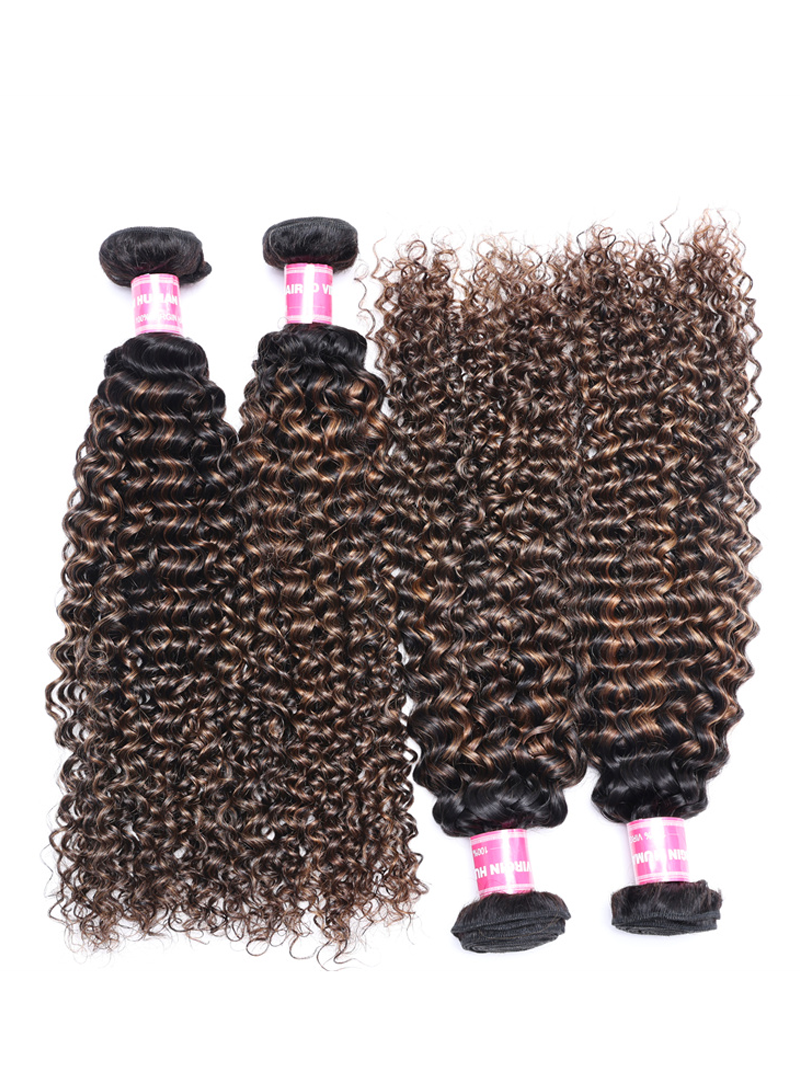 The UNice #FB30 Brown Balayage Highlight 4Pcs Jerry Curly Human Hair Bundles product image shows brazilian curly hair bundles and jerry curl texture, curly texture.