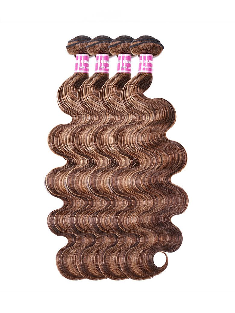 The UNice Gorgeous Highlight Honey Blonde Bouncy Body Wave Hair 4 Bundles visual image position 5 shows brazilian body wave hair extensions | body wave texture, honey.