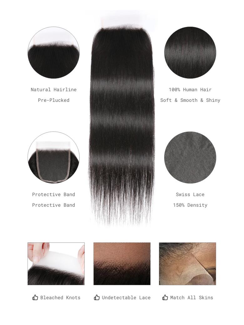The UNice 5x5 HD Lace Free Part Human Hair Straight Lace Closure image highlights Natural Hairline, 100% Human Hair, Pre-Plucked, Soft&Smooth&Shiny, brazilian straight.