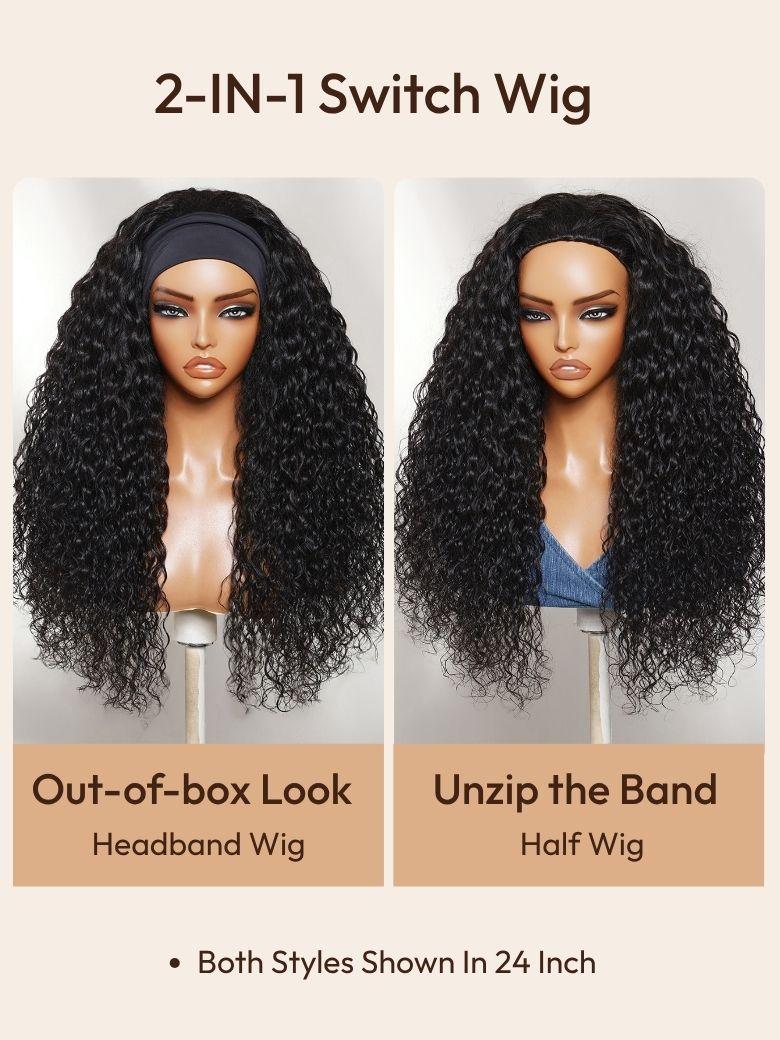 The UNice Water Wave In Natural Black 2-In-1 Switch Breathable Headband Wig with image highlights 2-IN-1 Switch Wig, Out-of-box Look, Unzip the Band, Headband Wig, 2 -.