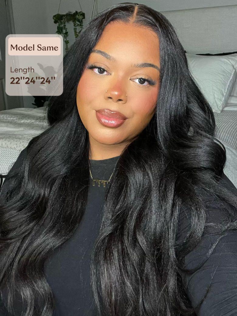 A model displays the UNice Hair Bundles 3 Pcs/pack Hair Natural Yaki Texture Virgin Human Hair, showing a model with long black hair and a black top and yaki texture.
