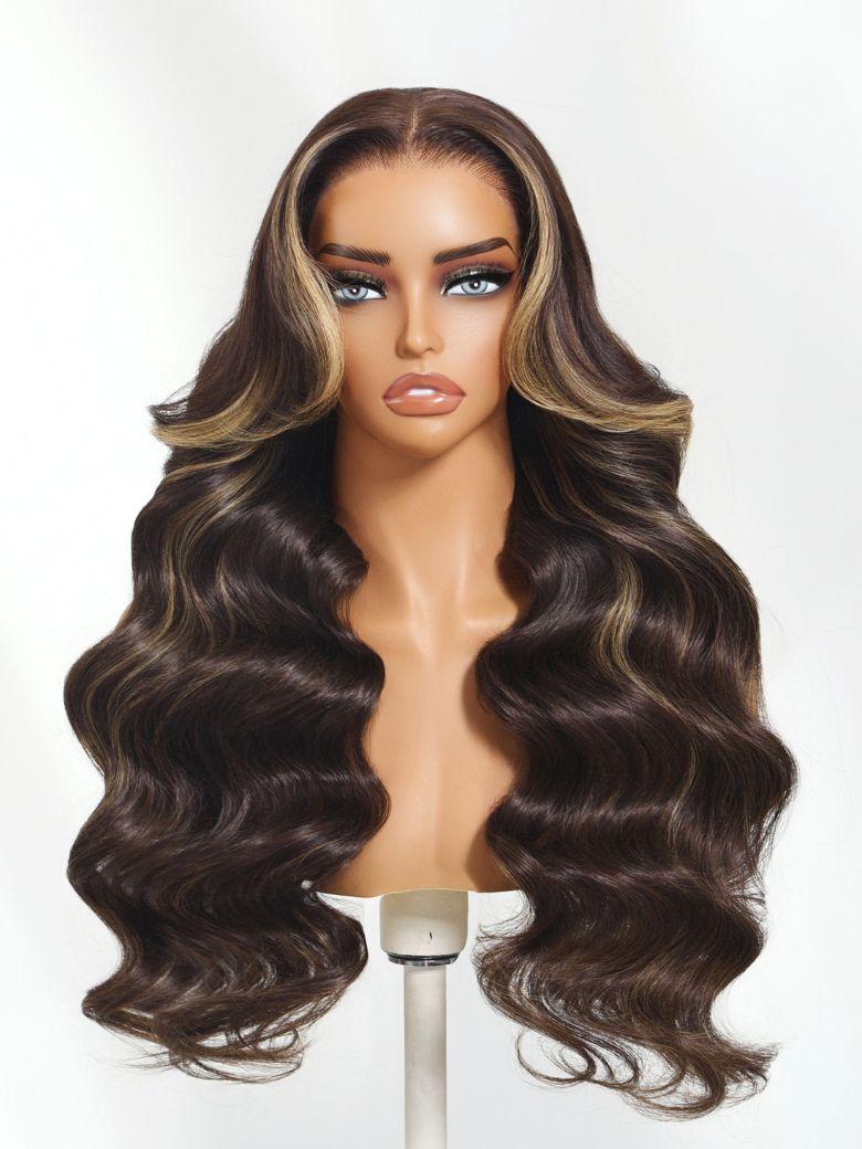 The UNice 18'' Chocolate Brown With Highlights Loose Wave Wig 7X5 Bye-bye knots With visual image position 5 shows a wig with long wavy hair | loose wave texture.