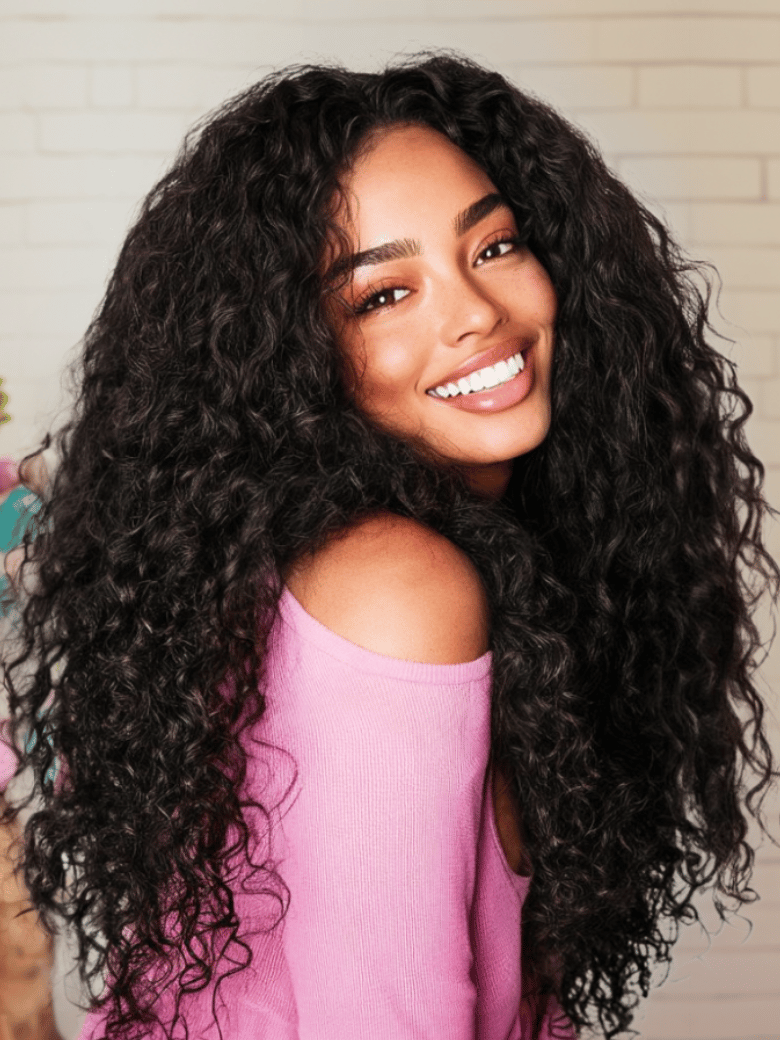 A model displays the UNice 7x5 Pre-Cut Lace 180% Density & 10 seconds flip-over Half Wig Water Wave With, showing a model with long curly hair smiling and water wave.