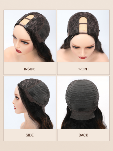 The UNice Beginner Friendly Kinky Straight U Part Glueless Wig Brazilian Natural Black Wig image highlights INSIDE, FRONT, SIDE, BACK, the hair wig wig wig wig wig wig.