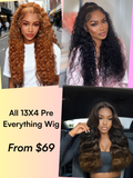 A model displays the UNice All 13x4 Pre-Everything Lace Wig, showing all 13x4 pre - loop lace wigs and 13x4, lace finish.