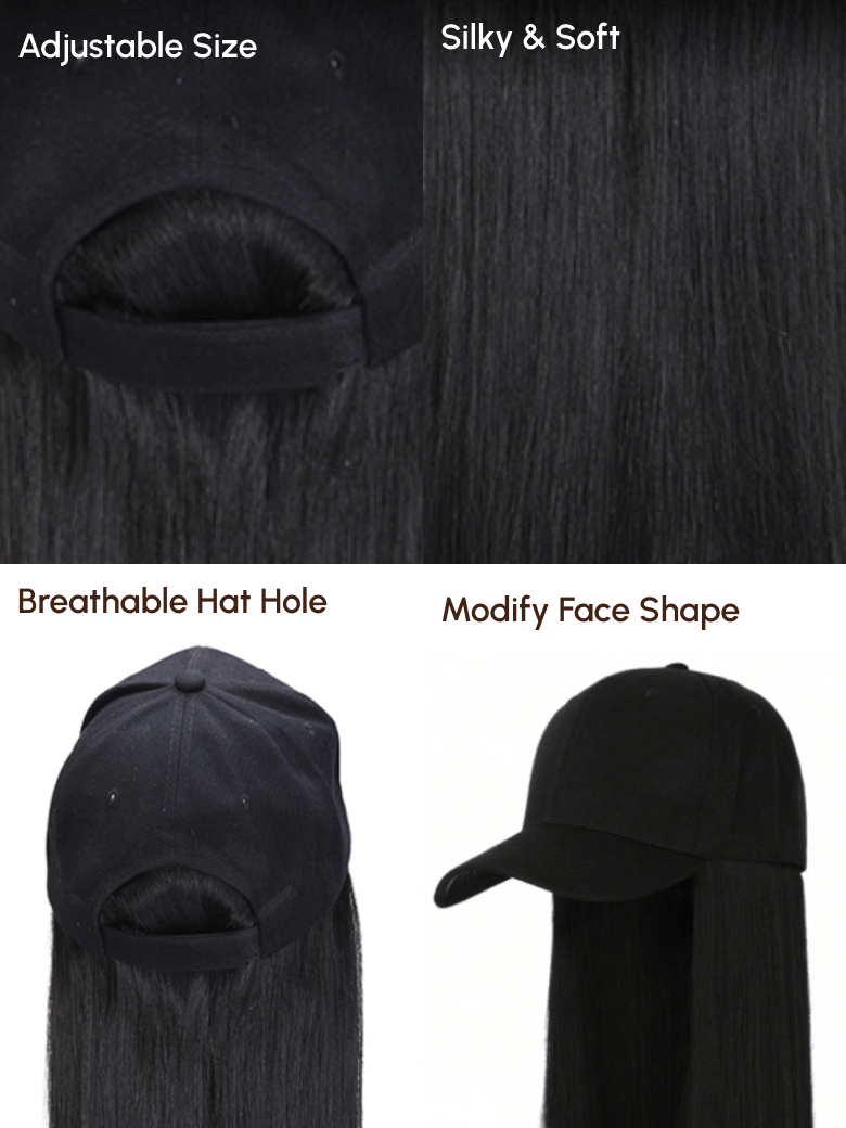 The UNice Black Straight Baseball Hat Glueless Wig image highlights Adjustable Size, Silky & Soft, BreathableHatHole, ModifyFaceShape, the wig wig wig wig wig wig wig.
