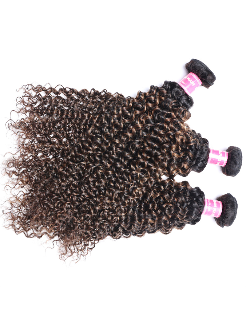 The UNice #FB30 Brown Balayage Highlight 3Pcs Jerry Curly Human Hair Bundles product image shows brazilian virgin curly hair bundles and jerry curl texture, curly.