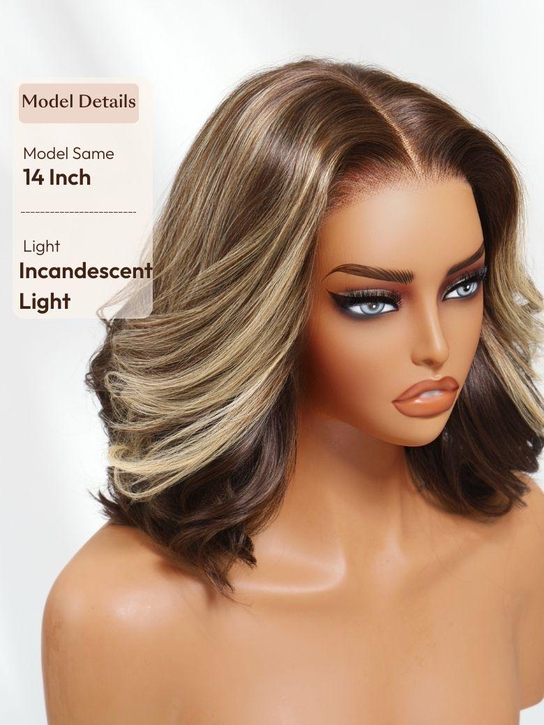 A model displays the UNice With Drawstring UNice 13x4 Pre-Everything Pre-Cut Lace Frontal Dark Brown with, showing a model with blonde hair and a brown wig.