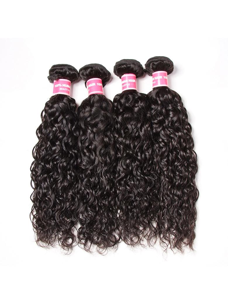 The UNice Hair Hair 4 Bundles Water Wave Unprocessed Virgin Human Hair image highlights 100%HUM, DEATYA, virgin curly hair bundles and water wave texture.