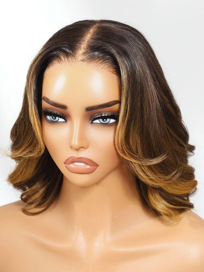 The UNice Only 21 New User Need 13x4 Pre-Everything Lace Frontal Brown With Honey Blonde product image shows a brown and blonde wig with a wavy bob and honey blonde.
