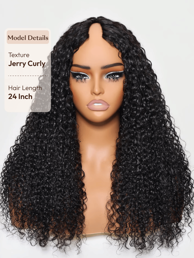 The UNice InvisiBlend V part Jerry Curly& Kinky Curly Wig Invisi Drawstring Human Hair image highlights Model Details, Texture, Jerry Curly, Hair Length, curly hair wigs.