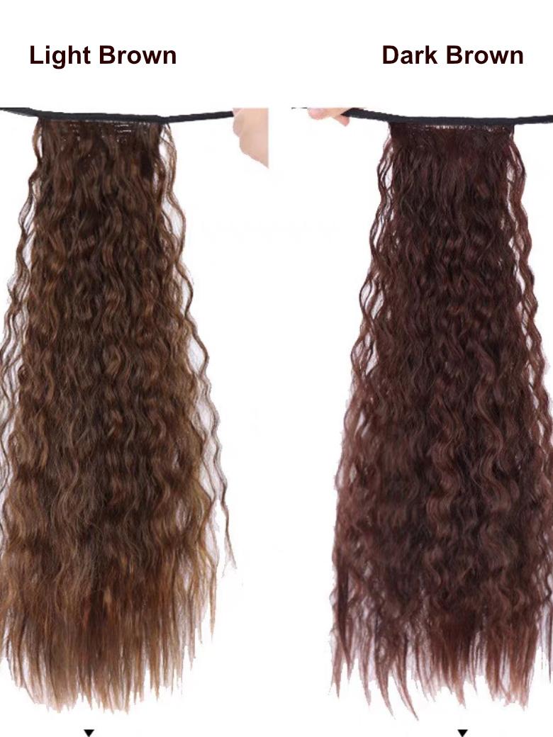 The UNice Machine-Made Dark Brown Deep Wave Clip-In Ponytail Extension image highlights LightBrown, DarkBrown, a hair extension with a long, curly hair extension.