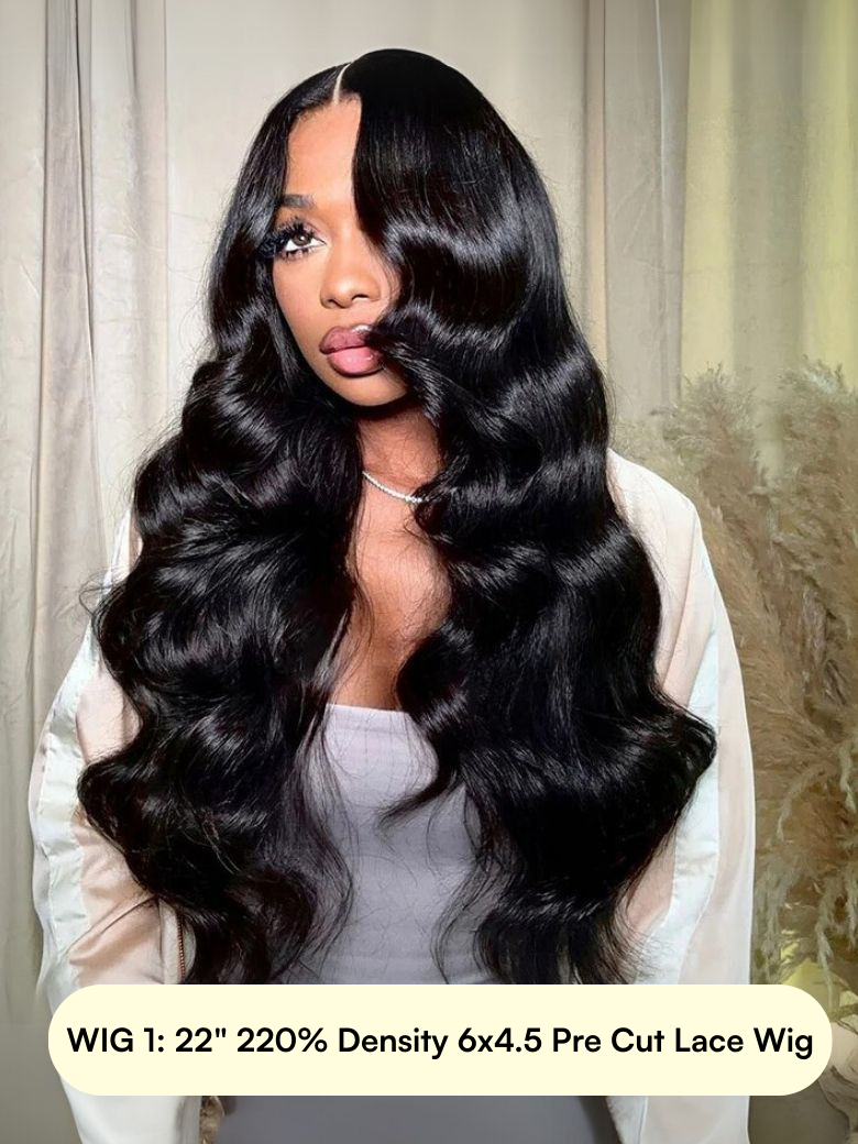 A model displays the UNice 22-28 Inch High-Density (200%+) Humanl Hair Wig, showing a model with long black hair wearing a wig.