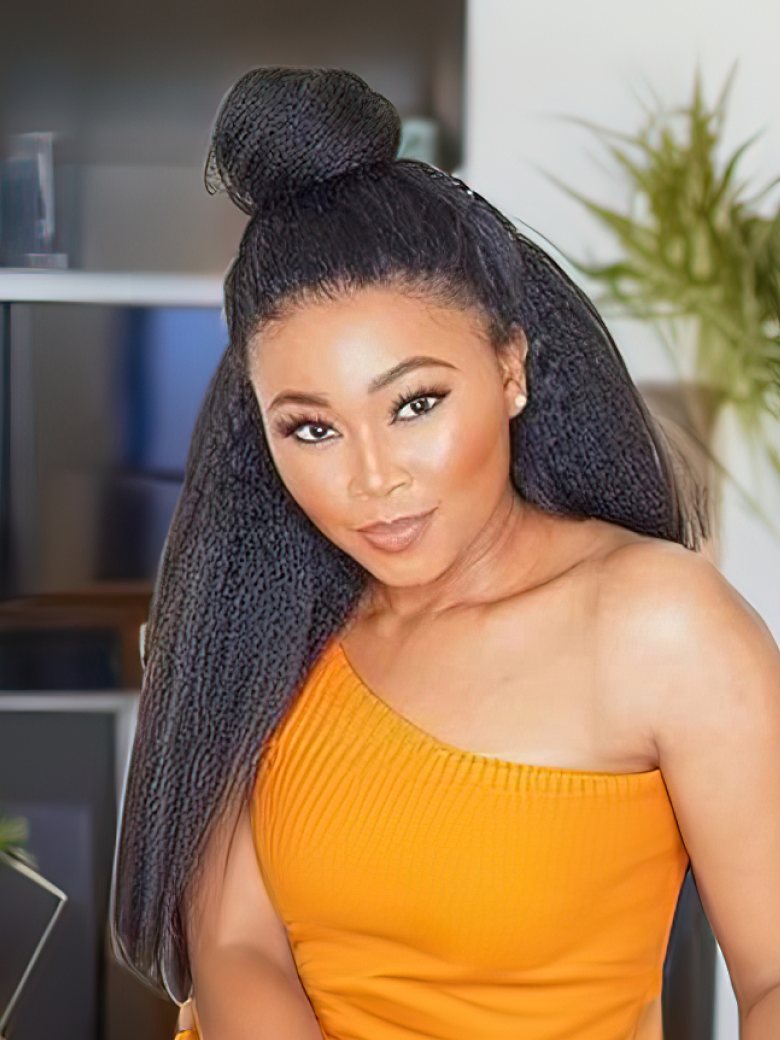 The UNice Flash sale UNice Hair 100% Virgin Kinky Straight Hair Human Hair 3 Bundles visual image position 2 shows a model with long hair | kinky straight texture.