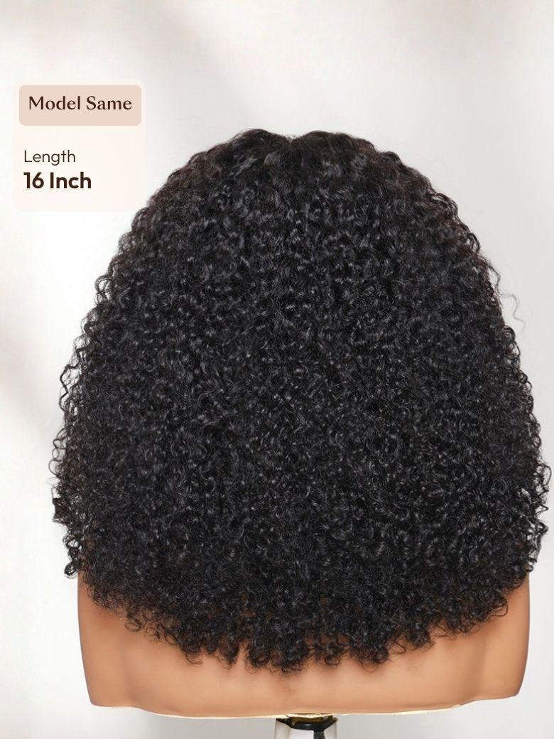 A model displays the UNice Bye Bye Slip 7x5 Lace Warm Brown with Beige Blonde Ribbon Highlights Layered wig, showing a model with curly hair and a black hair.
