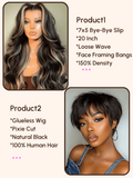 A model displays the UNice $169=2 wig 20" 7x5 Bye Bye Slip Wig and Glueless Wig, showing the best hair extensions for black women and 7x5, glueless wear.