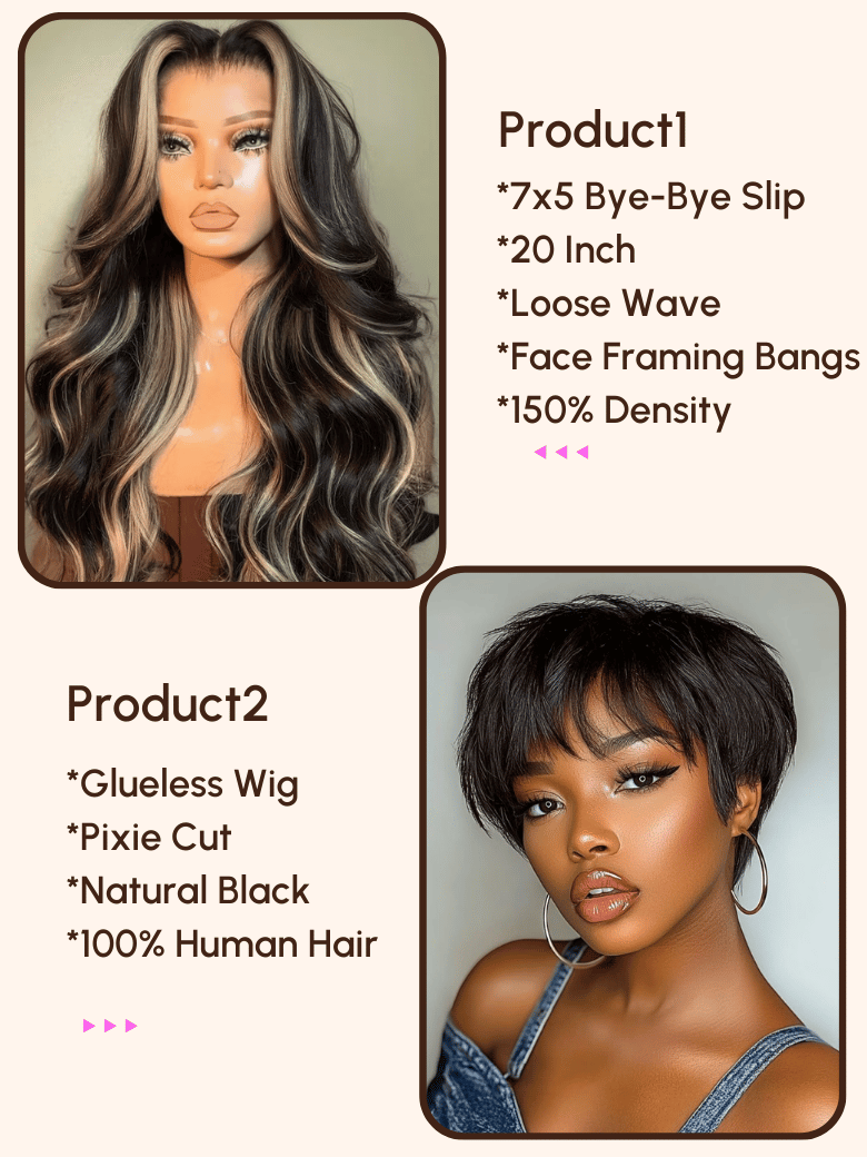 A model displays the UNice $169=2 wig 20" 7x5 Bye Bye Slip Wig and Glueless Wig, showing the best hair extensions for black women and 7x5, glueless wear.