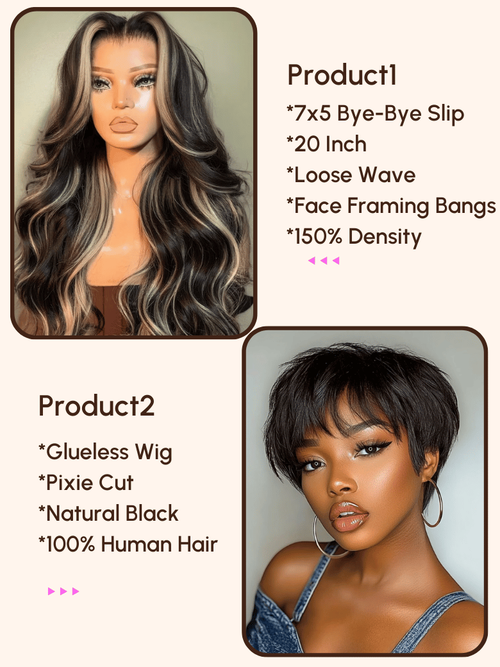 A model displays the UNice $169=2 wig 20" 7x5 Bye Bye Slip Wig and Glueless Wig, showing the best hair extensions for black women and 7x5, glueless wear.