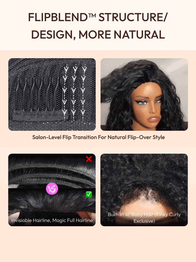 The UNice Price Drop UNice Versatile 2-in-1 Black to Brown Ombre Turn-Around Kinky Curly image highlights FLIPBLENDTMSTRUCTURE/, DESIGN, MORENATURAL.