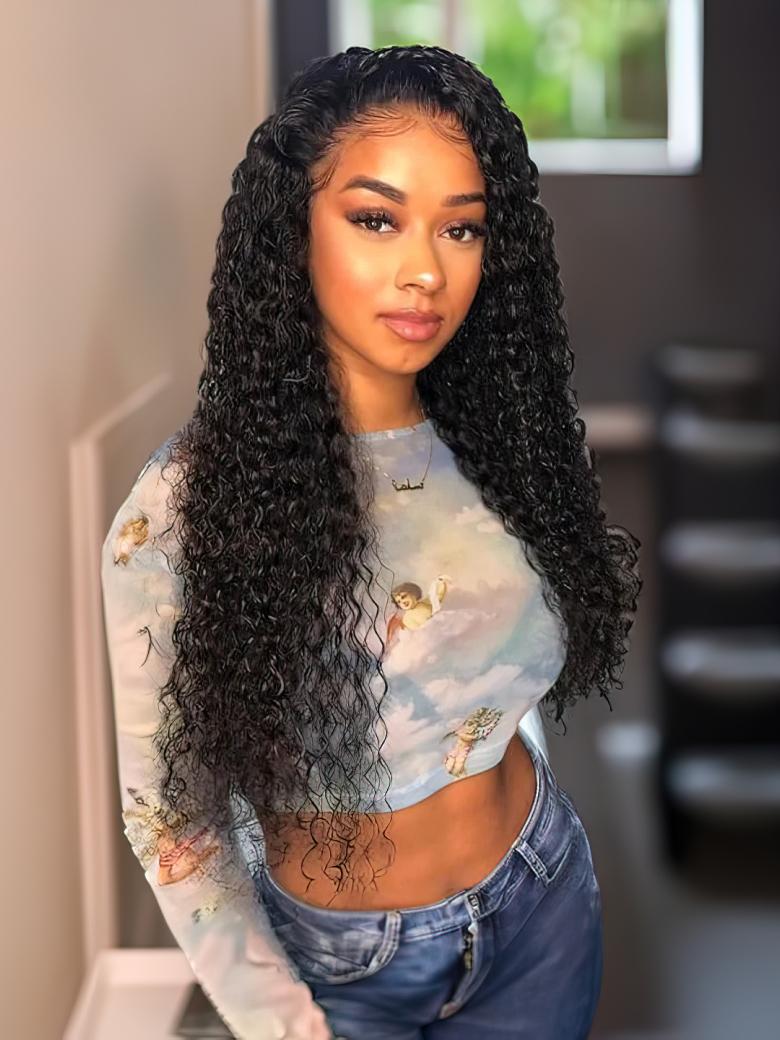 A model displays the UNice Middle Part Lace Kinky Curly wig 150% Density Natural Hairline Glueless wig, showing a model with long curly hair wearing a white shirt.