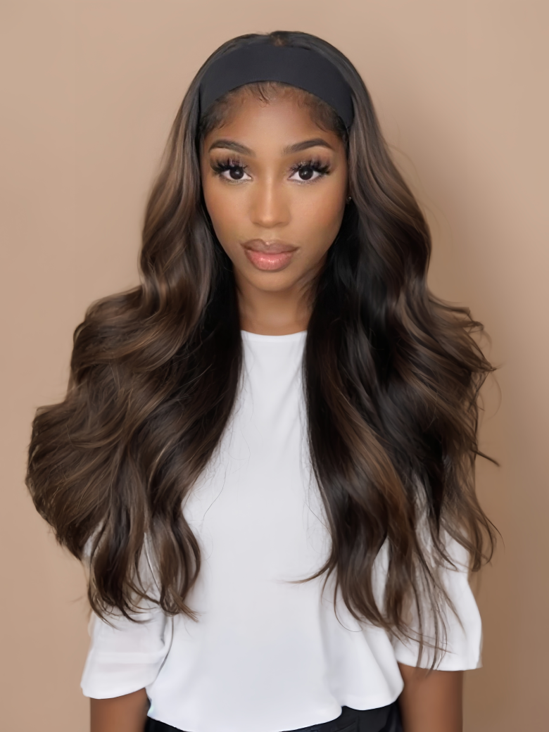 A model displays the UNice Balayage Highlight Ombre Color Body Wave Headband Wig 150% Density, showing a model with long brown hair wearing a black headband and body.
