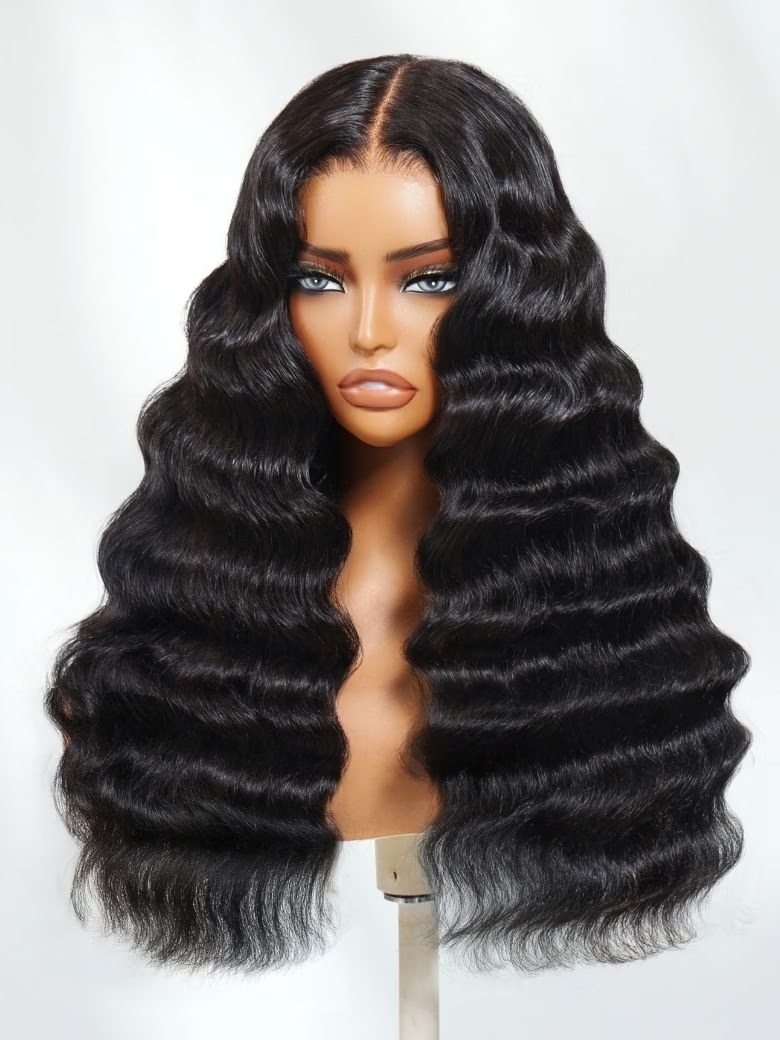 The UNice 20 Inch 180% Density Full Lace Deep Wave Transparent Lace Human Hair Wig product image shows a wig with long black hair and deep wave texture, lace finish.