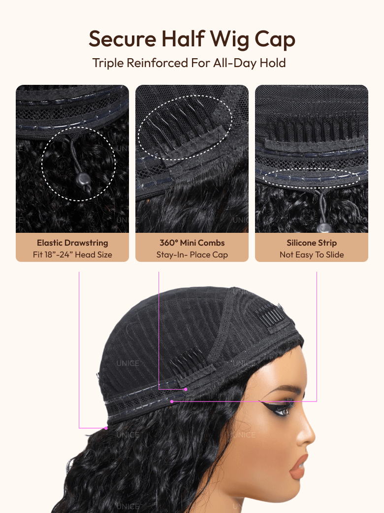 The UNice Invisi Blend UNice Coily Curly Glueless Flip Over Kinky Curly Wig for Beginner image highlights Secure Half Wig Cap, TripleReinforcedForAll-DayHold.