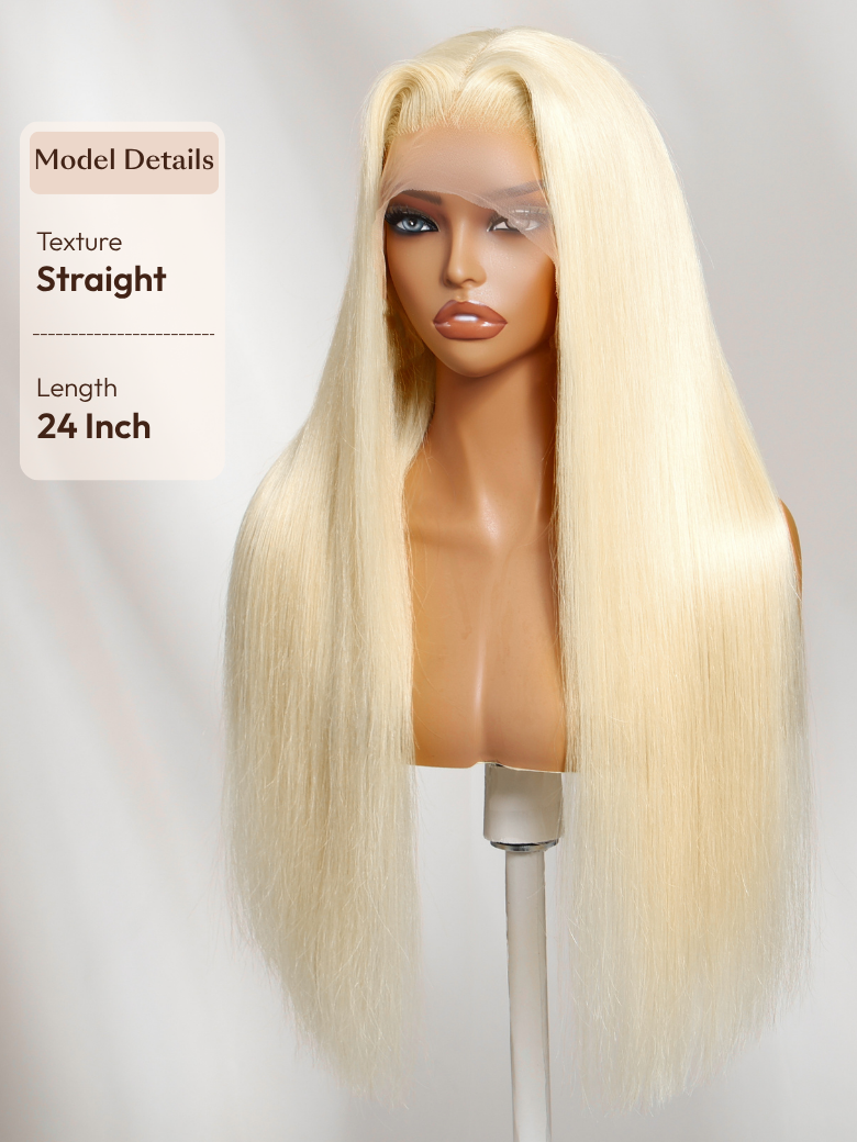 The UNice 13x4 Bye Bye Slip Lace Frontal 613 Blonde Straight/ Body Wave Glueless Wig visual image position 4 shows a blonde wig with long hair on a mann | body wave.